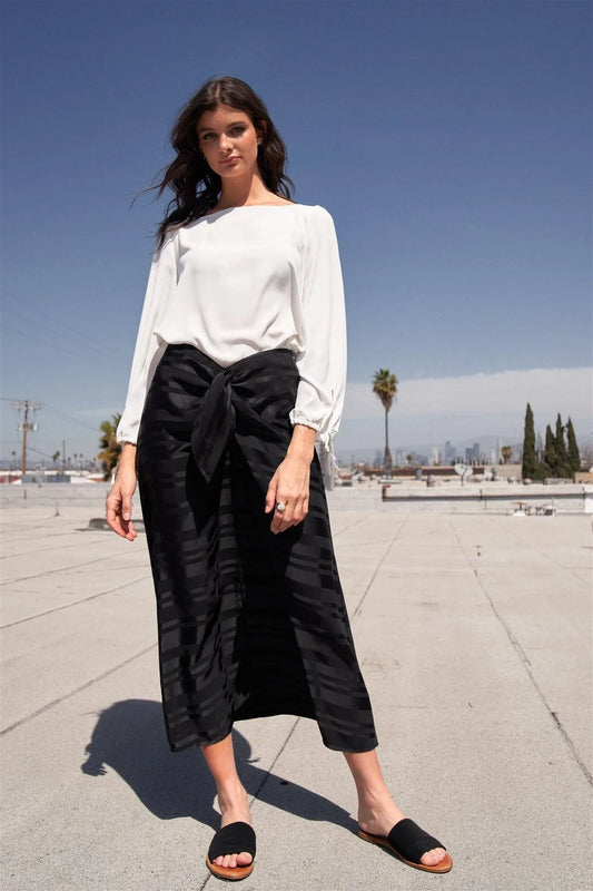 Black Satin Striped Self-Tie High Waist A-Line Flare Midi Skirt /3-2-1 - Tasha Apparel Wholesale