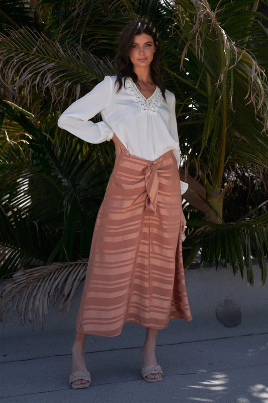 Clay Satin Striped Self-Tie High Waist A-Line Flare Midi Skirt /3-2-1 - Tasha Apparel Wholesale