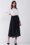 Jet Black Matted Effect Self-Tie Side Detail High Waist Mesh Bottom Hem A-Line Flare Midi Skirt /3-2-1 - Tasha Apparel Wholesale