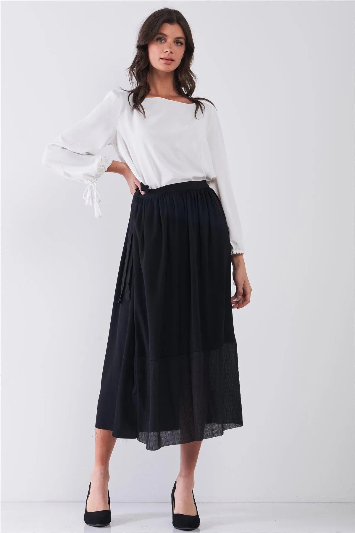 Jet Black Matted Effect Self-Tie Side Detail High Waist Mesh Bottom Hem A-Line Flare Midi Skirt /3-2-1 - Tasha Apparel Wholesale