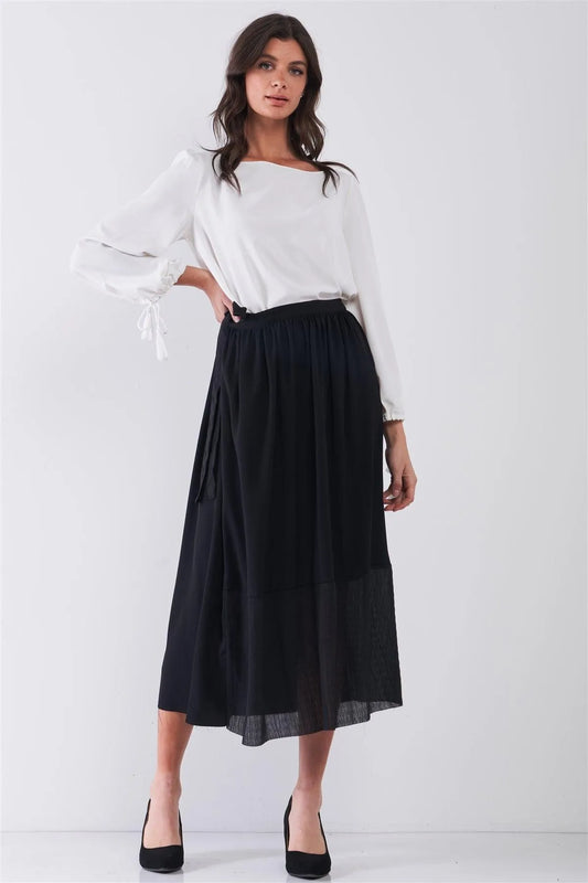 Jet Black Matted Effect Self-Tie Side Detail High Waist Mesh Bottom Hem A-Line Flare Midi Skirt /3-2-1 - Tasha Apparel Wholesale
