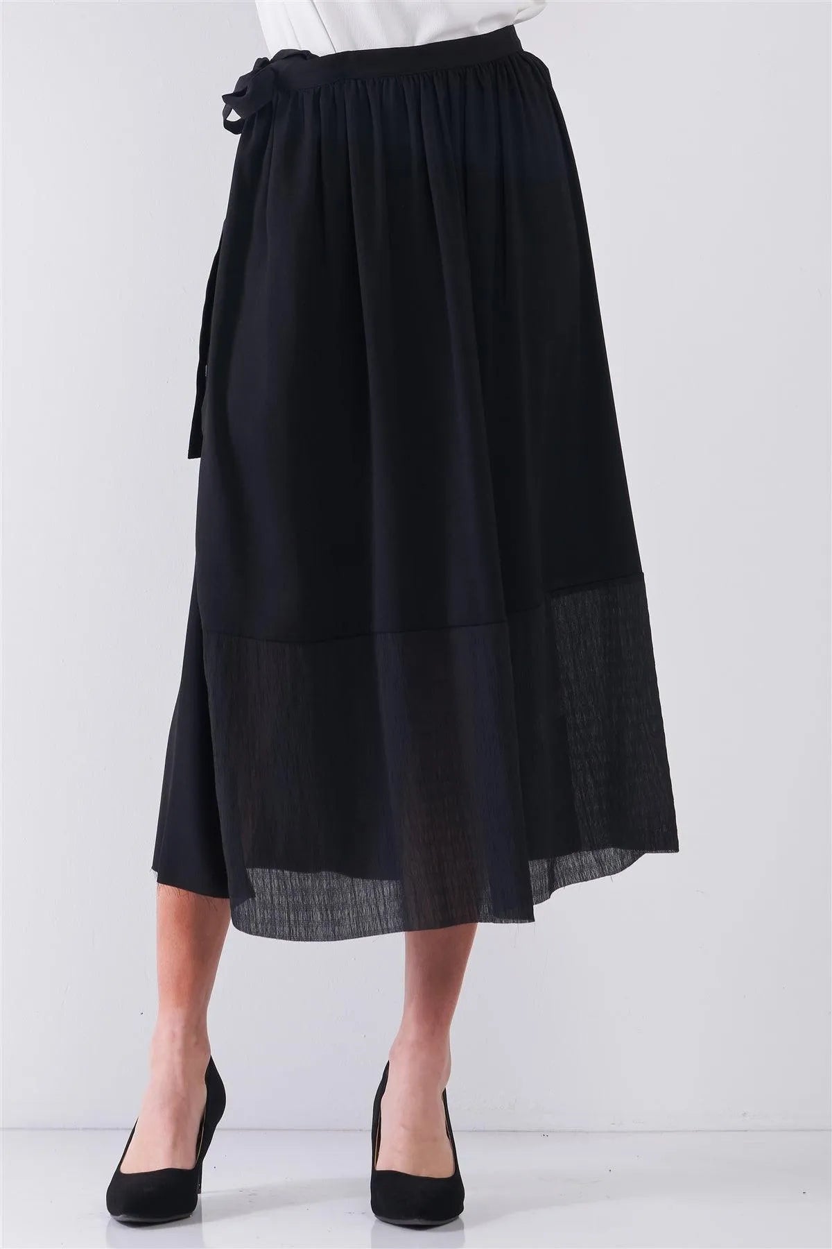 Jet Black Matted Effect Self-Tie Side Detail High Waist Mesh Bottom Hem A-Line Flare Midi Skirt /3-2-1 - Tasha Apparel Wholesale