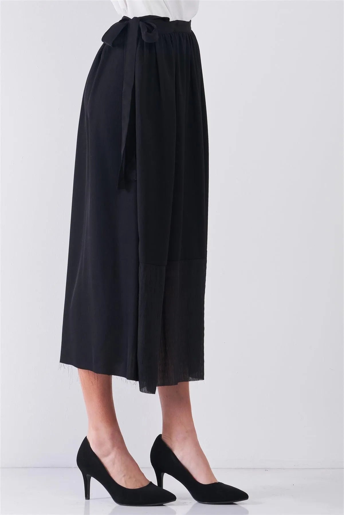 Jet Black Matted Effect Self-Tie Side Detail High Waist Mesh Bottom Hem A-Line Flare Midi Skirt /3-2-1 - Tasha Apparel Wholesale