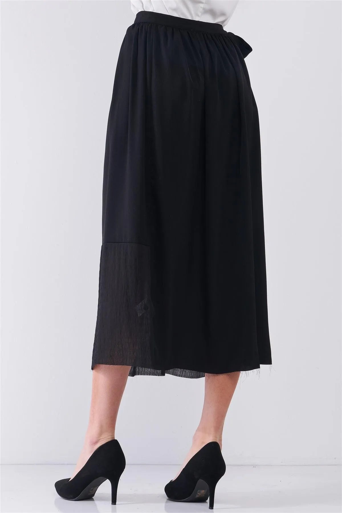 Jet Black Matted Effect Self-Tie Side Detail High Waist Mesh Bottom Hem A-Line Flare Midi Skirt /3-2-1 - Tasha Apparel Wholesale