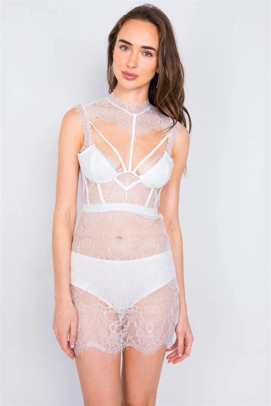White Floral Lace Mock Corset High Neck Sexy Mini Dress /3-2-1 - Tasha Apparel Wholesale