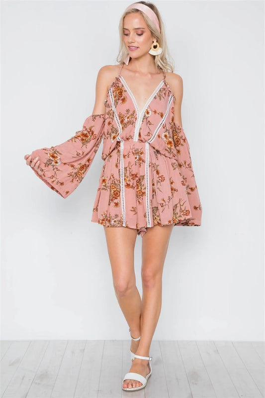 Rose Floral Print Detachable Bell Sleeves Romper /2-2-1 - Tasha Apparel Wholesale