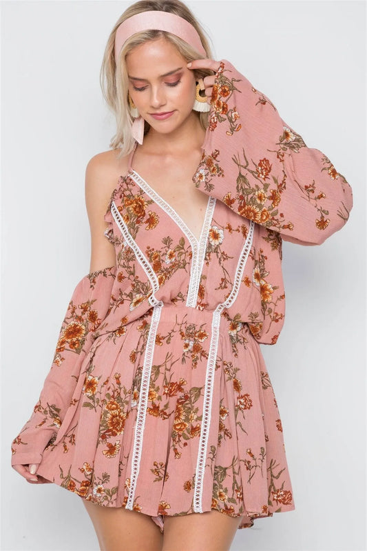 Rose Floral Print Detachable Bell Sleeves Romper /1-3-2-1 - Tasha Apparel Wholesale