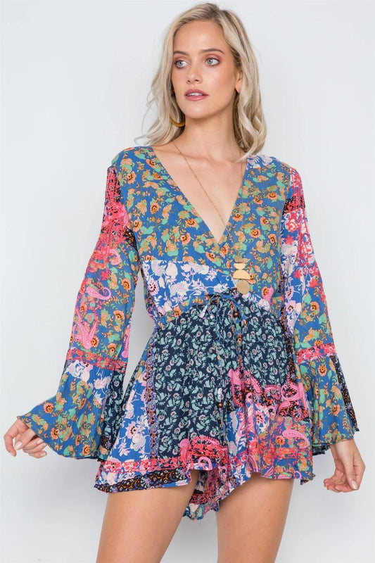 Blue Green Multi Print Bell Sleeve Romper /1-3-2-1 - Tasha Apparel Wholesale