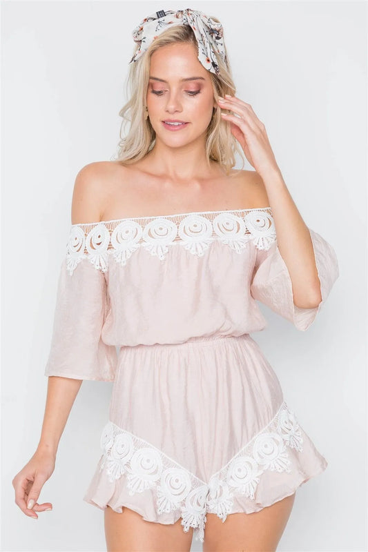 Beige Blush Off-The-Shoulder Crochet Trim Romper /1-3-2-1 - Tasha Apparel Wholesale