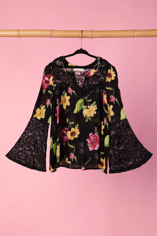 Toddler Girls Black Floral Lace Bell Sleeves Top - Tasha Apparel Wholesale