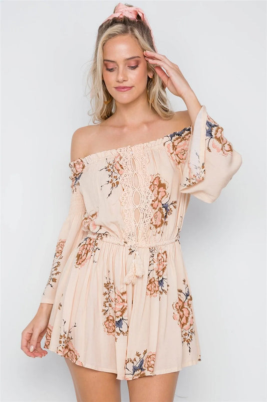 Beige Floral Print Off-The-Shoulder Boho Romper /1-3-2-1 - Tasha Apparel Wholesale