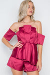 Wine Layered Off-The-Shoulder Evening Romper /1-3-2-1