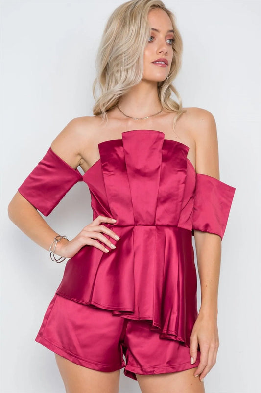 Wine Layered Off-The-Shoulder Evening Romper /1-3-2-1 - Tasha Apparel Wholesale
