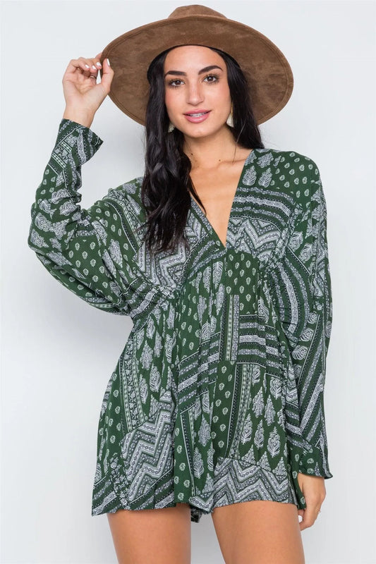 Khaki Olive Bandana Print Batwing Long Sleeve Romper /1-3-2-1 - Tasha Apparel Wholesale