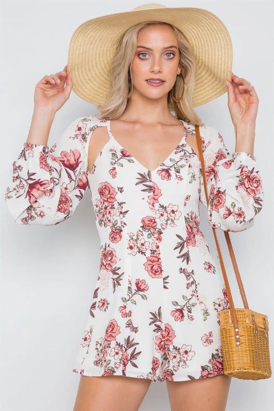 White Floral Print Long Sleeve Cut Out Romper /1-3-2-1 - Tasha Apparel Wholesale