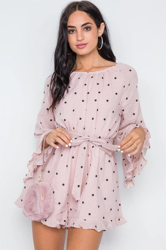 Nude Polka Dot Ruffle Bell Sleeves Romper /1-3-2-1 - Tasha Apparel Wholesale