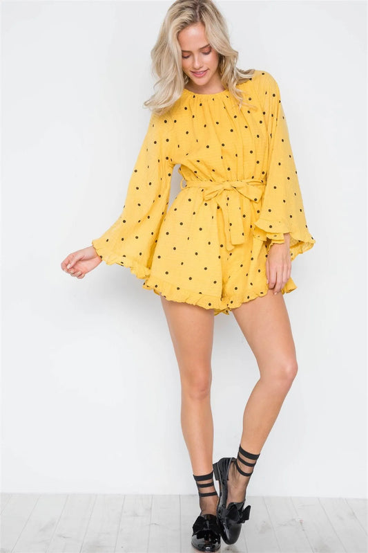 Yellow Polka Dot Ruffle Bell Sleeves Romper /3-2-1 - Tasha Apparel Wholesale
