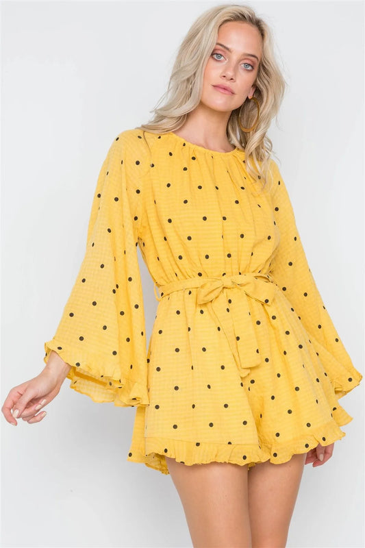 Yellow Polka Dot Ruffle Bell Sleeves Romper /1-3-2-1 - Tasha Apparel Wholesale