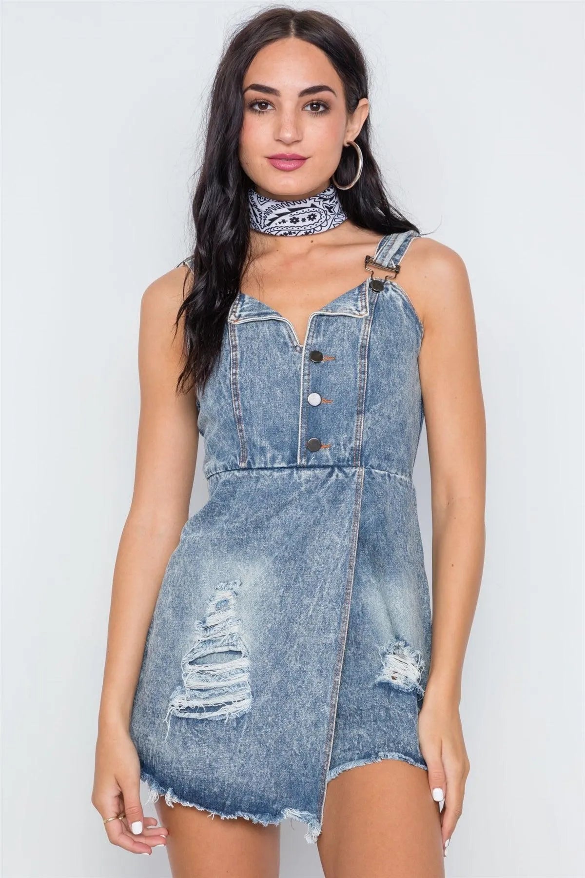 Denim Blue Distressed Frayed Hem Romper Romper /1-3-2-1 - Tasha Apparel Wholesale