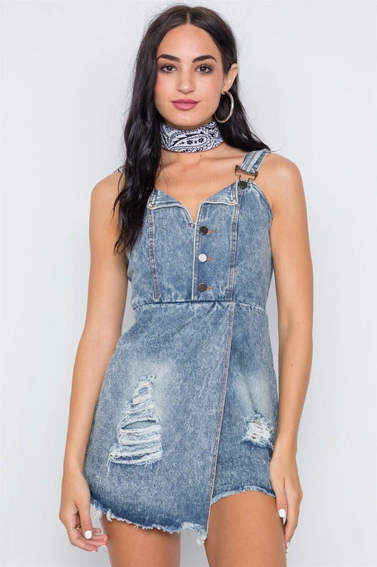 Denim Blue Distressed Frayed Hem Romper Romper /1-3-2-1 - Tasha Apparel Wholesale