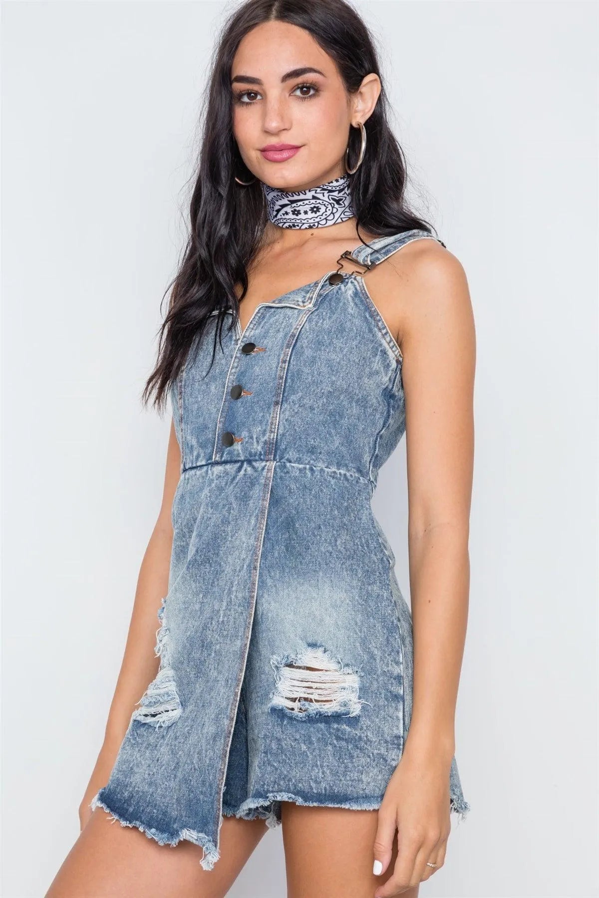 Denim Blue Distressed Frayed Hem Romper Romper /1-3-2-1 - Tasha Apparel Wholesale