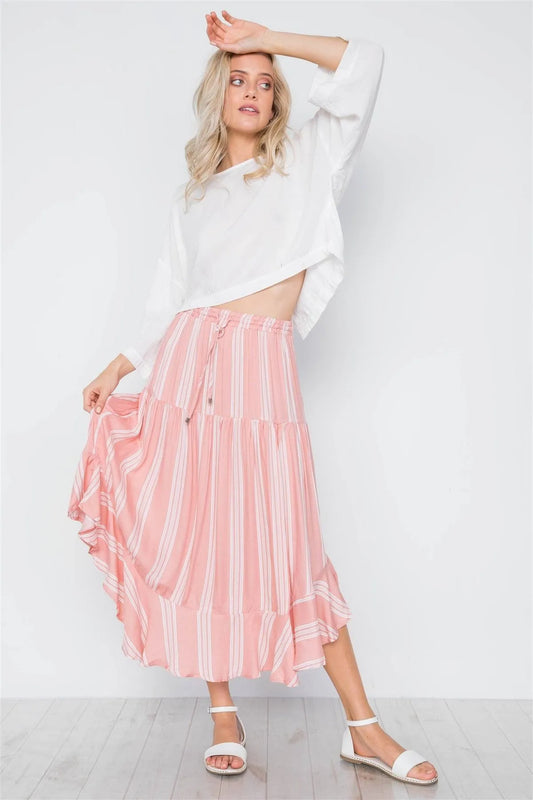 Peach Stripe High-Waist Midi Skirt /1-3-2-1 - Tasha Apparel Wholesale