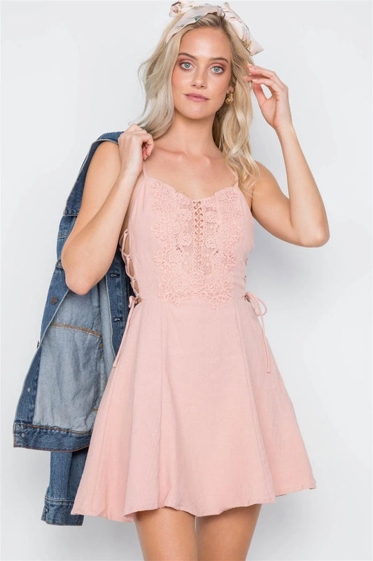 Blush Crochet Lace Up Sites Cami Mini Boho Dress /1-3-2-1 - Tasha Apparel Wholesale