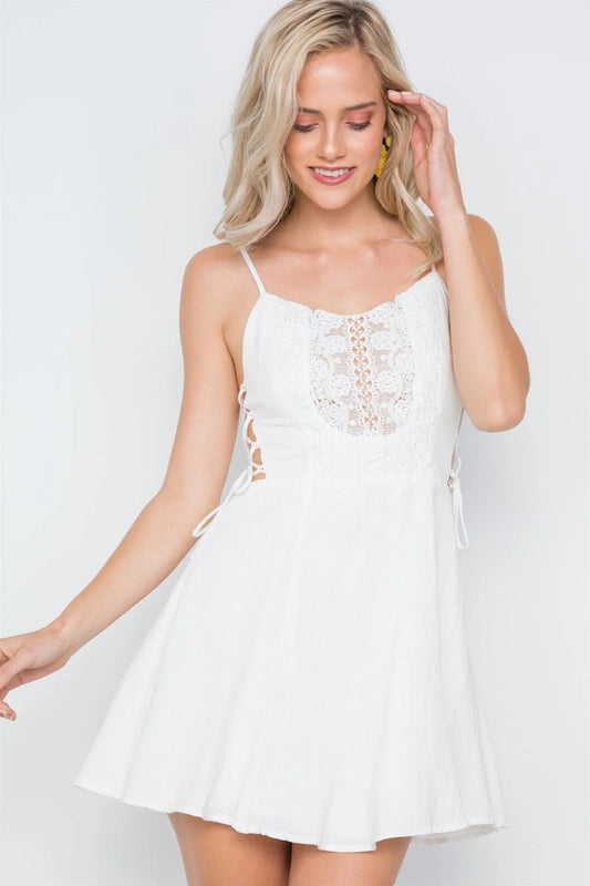 White Crochet Lace Up Sites Cami Mini Boho Dress /1-3-2-1 - Tasha Apparel Wholesale