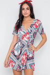Navy Red Floral Print Short Sleeve Fit & Flair Mini Dress /2-2-2-2 - Tasha Apparel Wholesale