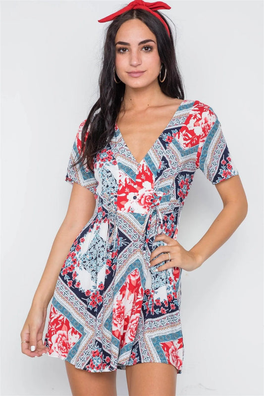 Navy Red Floral Print Short Sleeve Fit & Flair Mini Dress /2-2-2-2 - Tasha Apparel Wholesale