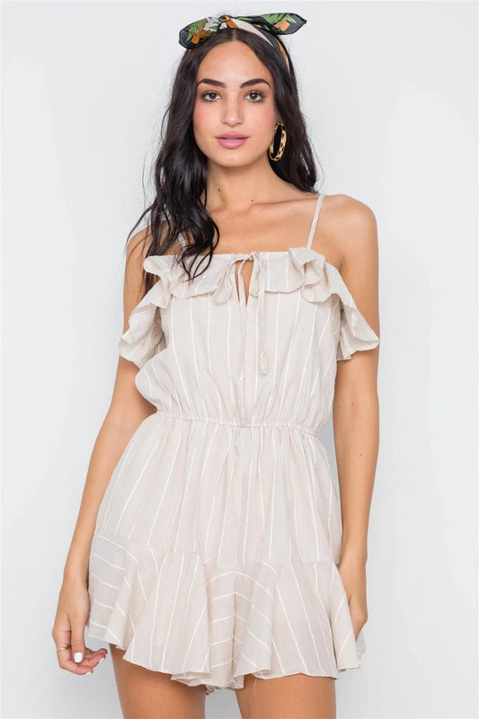 Beige Stripe Cami Flounce Boho Romper /1-3-2-1 - Tasha Apparel Wholesale