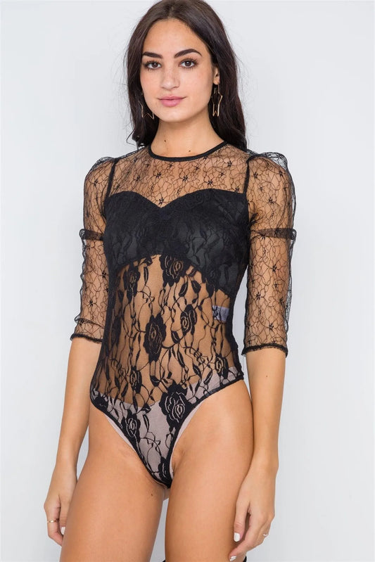 Black Floral Lace Combo Sheer Evening Bodysuit /2-2-2 - Tasha Apparel Wholesale
