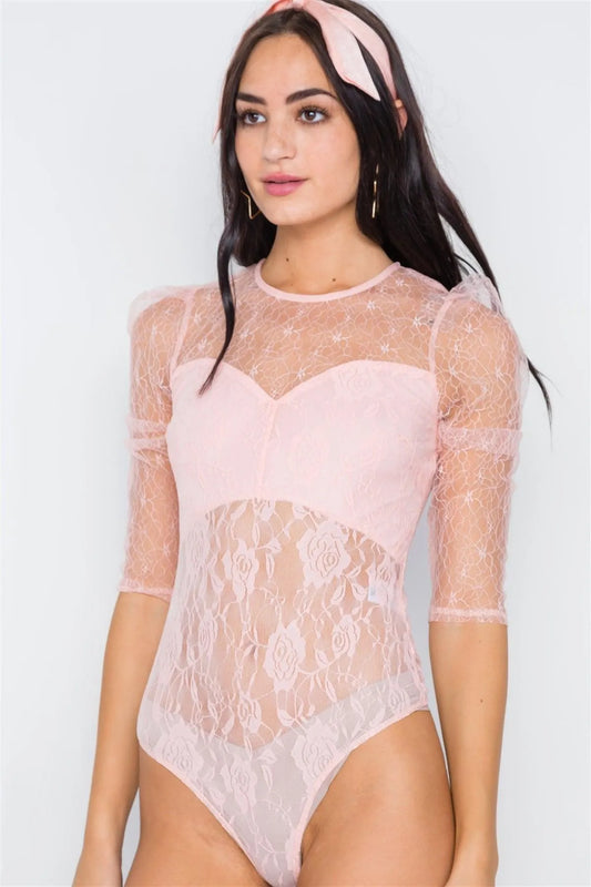 Peach Floral Lace Combo Sheer Evening Bodysuit /2-2-2 - Tasha Apparel Wholesale