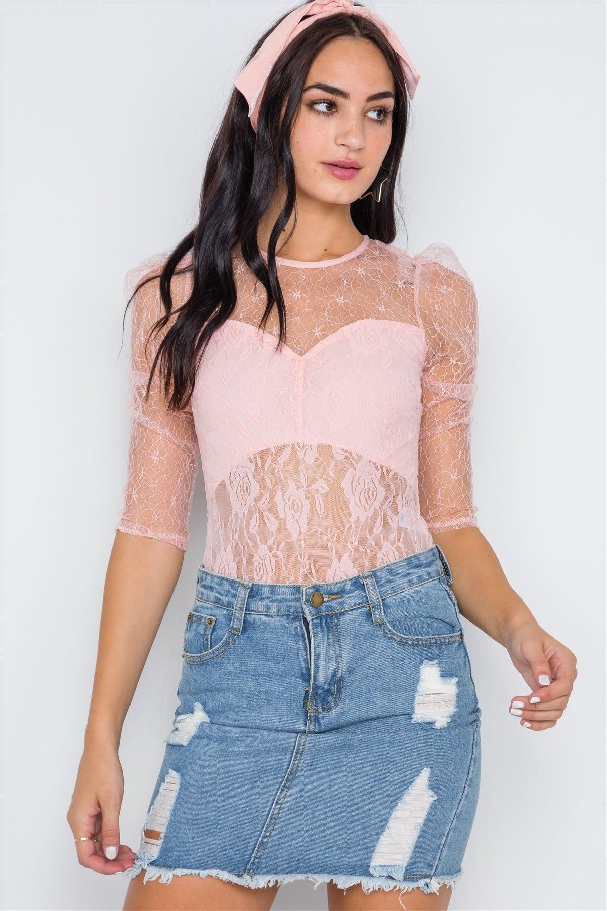 Peach Floral Lace Combo Sheer Evening Bodysuit /2-2-2