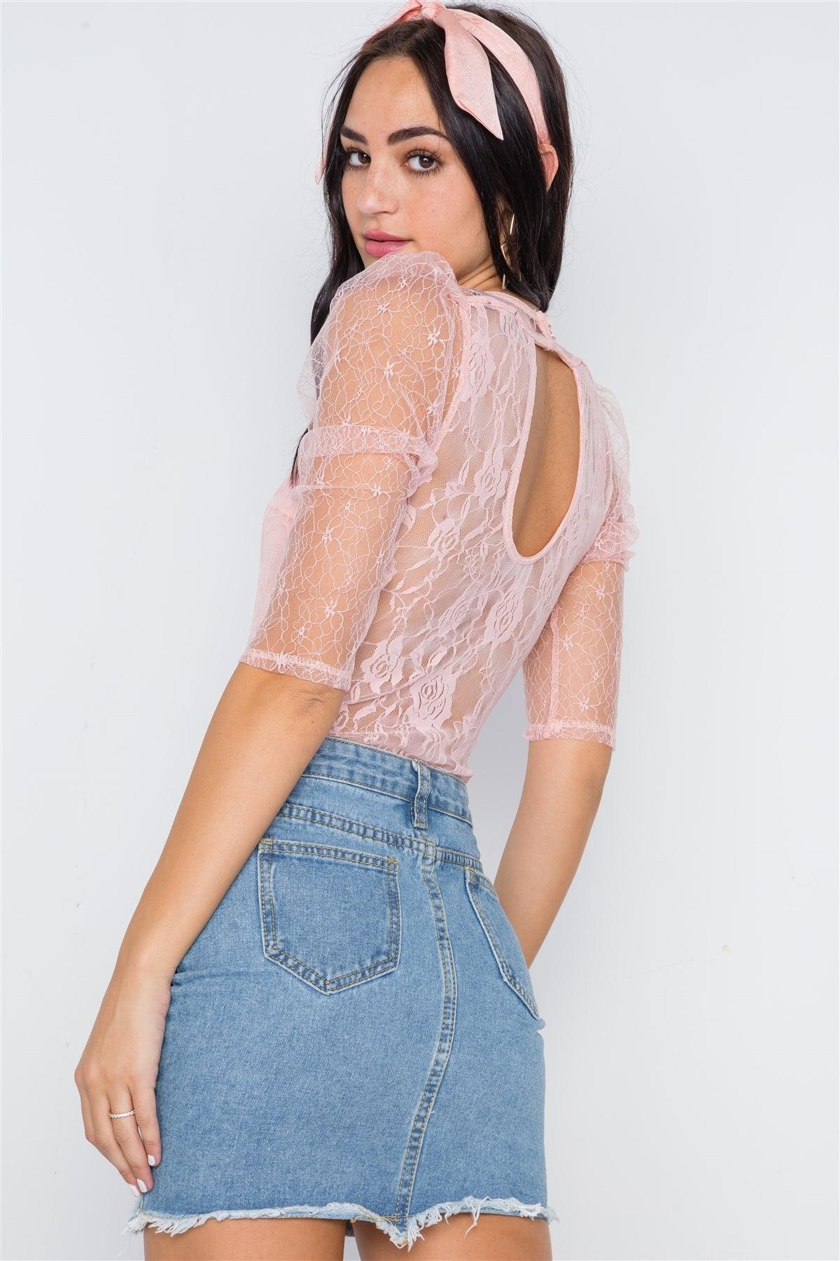 Peach Floral Lace Combo Sheer Evening Bodysuit /2-2-2