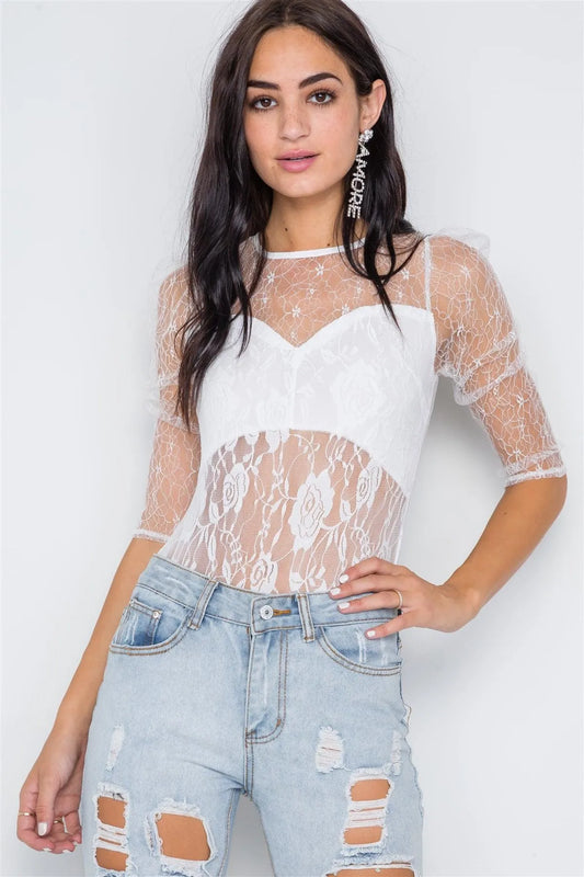 White Floral Lace Combo Sheer Evening Bodysuit /2-2-2 - Tasha Apparel Wholesale