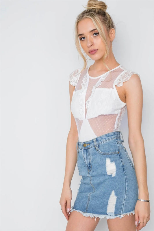 White Floral Lace Sheer Ruched Bodysuit /2-2-2 - Tasha Apparel Wholesale