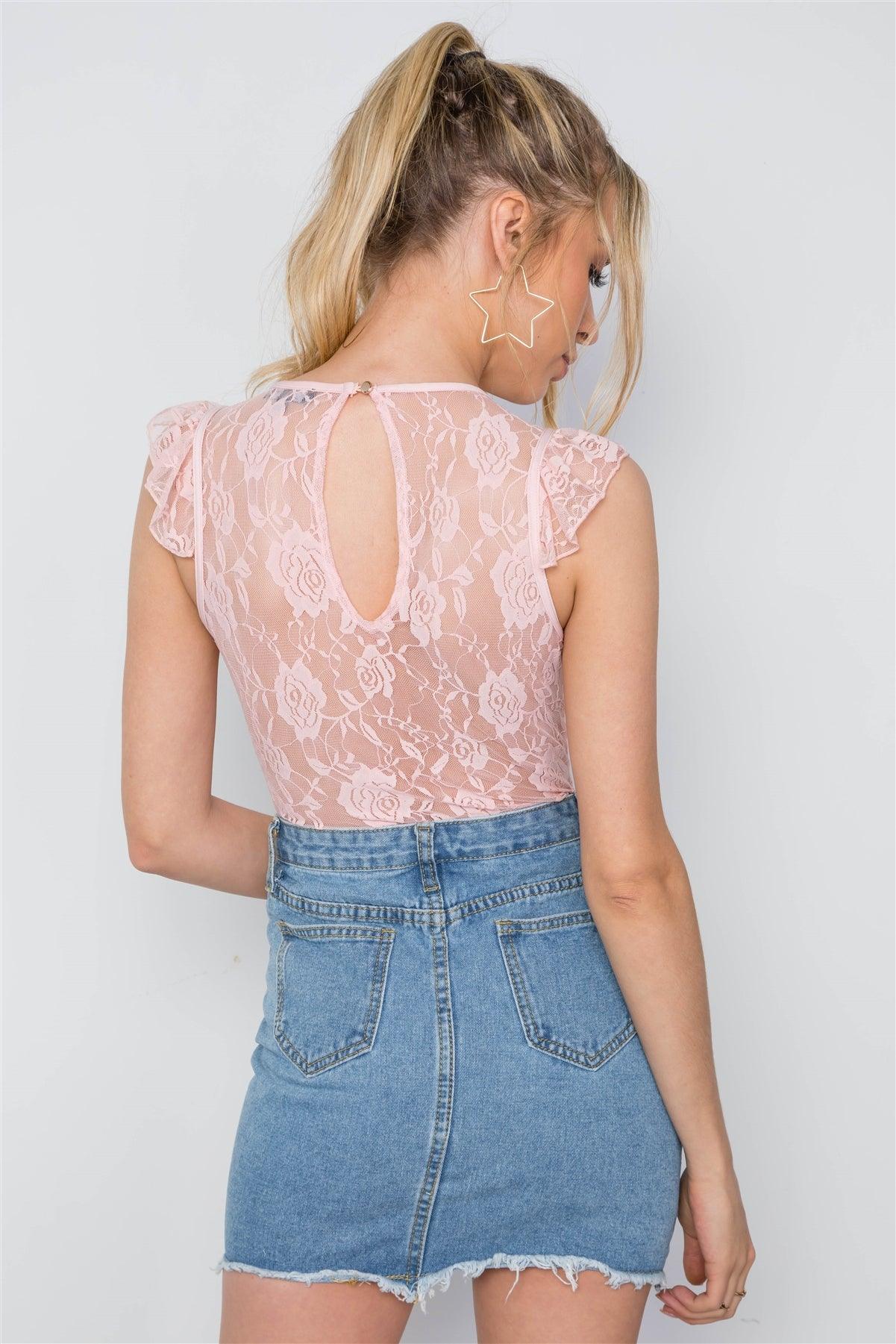 Peach Floral Lace Sheer Ruched Bodysuit /2-2-2