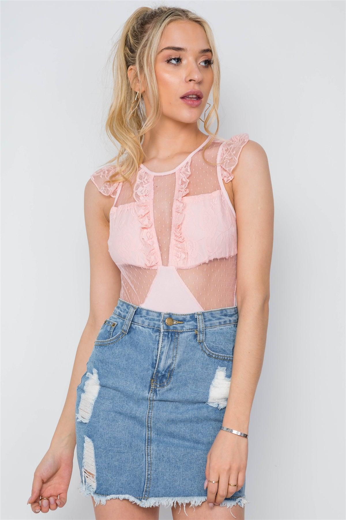 Peach Floral Lace Sheer Ruched Bodysuit