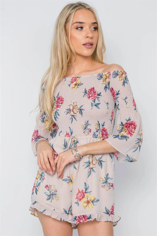 Taupe Smocked Floral Print Off-The-Shoulder Romper /2-2-2 - Tasha Apparel Wholesale