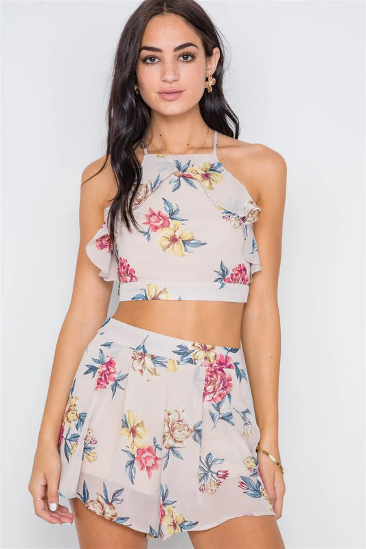 Taupe Floral Print Crop Top Short Two Piece Set /2-2-2 - Tasha Apparel Wholesale