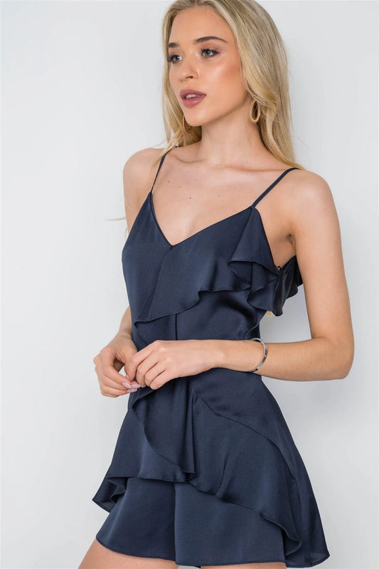 Navy Satin Cami Ruffle Flounce Romper /1-2 - Tasha Apparel Wholesale