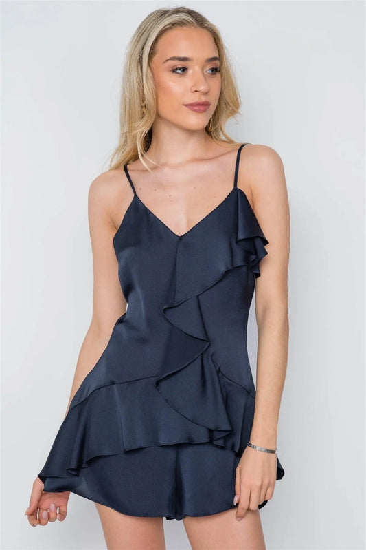 Navy Satin Cami Ruffle Flounce Romper /3-3 - Tasha Apparel Wholesale