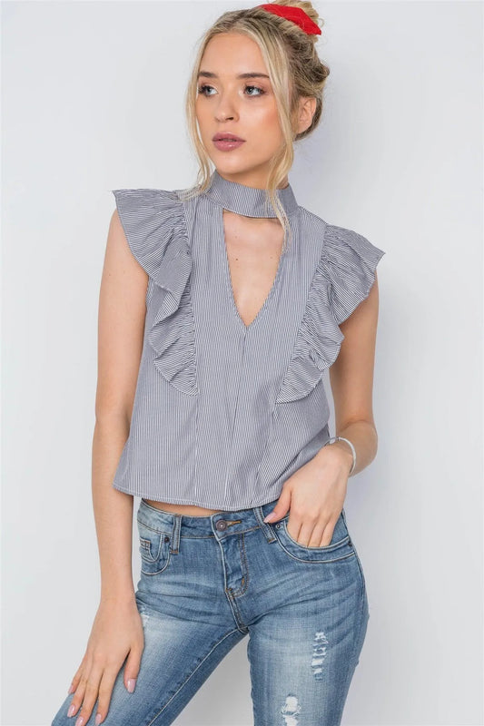 Black White Stripe Sleeveless Ruffle Mock-Neck Top /2-2-2 - Tasha Apparel Wholesale