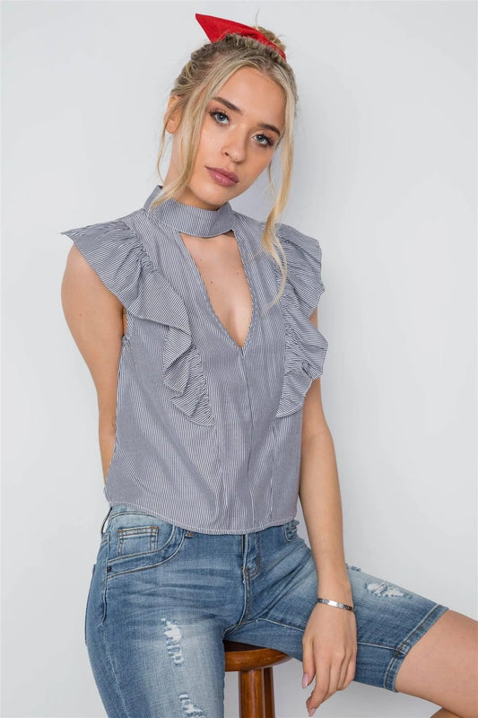 Black White Stripe Sleeveless Ruffle Mock-Neck Top /3-2-2 - Tasha Apparel Wholesale