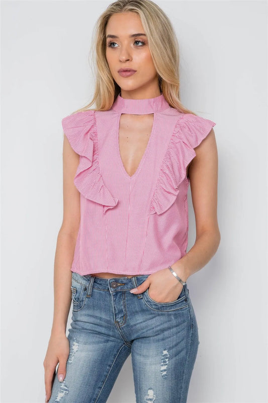 Coral White Stripe Sleeveless Ruffle Mock-Neck Top /2-2-2 - Tasha Apparel Wholesale