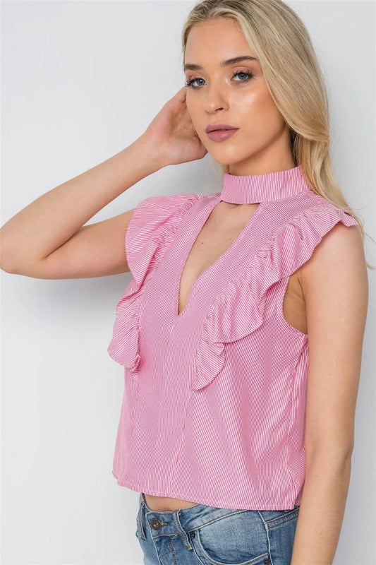 Coral White Stripe Sleeveless Ruffle Mock-Neck Top /3-2-2 - Tasha Apparel Wholesale