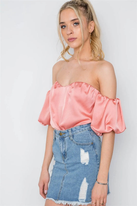 Peach Off-The-Shoulder Sweetheart Bodysuit /1-2-2 - Tasha Apparel Wholesale