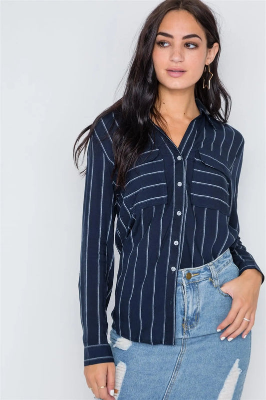 Navy Stripe Long Sleeve Button Down Blouse Top /2-2-2 - Tasha Apparel Wholesale