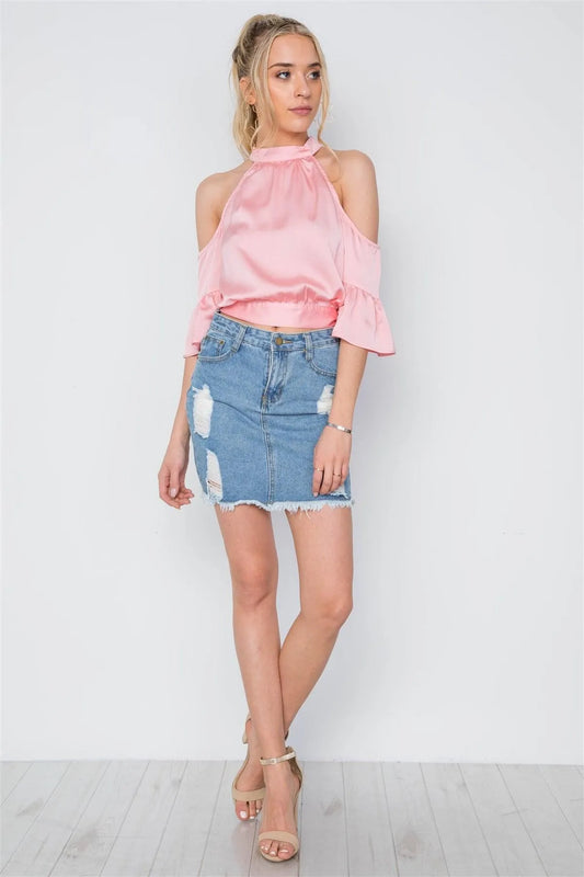 Pink Cold Shoulder Mock Neck Ruffle Sleeves Top /2-2-2 - Tasha Apparel Wholesale